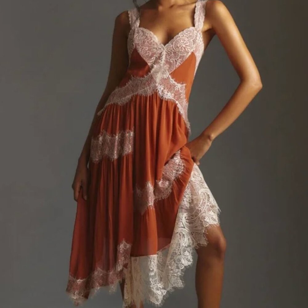 ANTHROPOLOGIE SLEEVELESS LACE TRIM ASYMMETRICAL MIDI DRESS